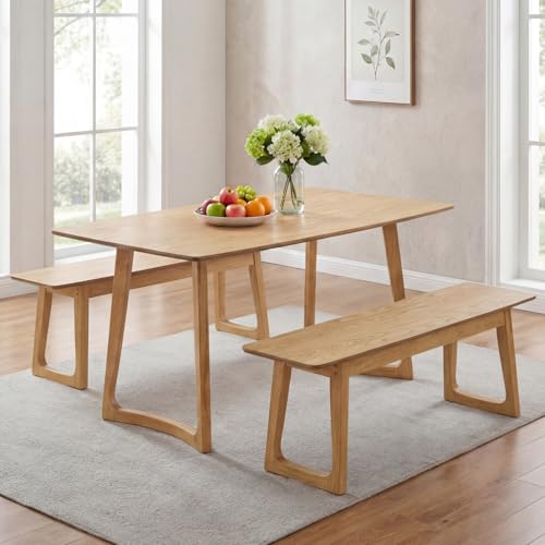 Image of HNY 63 inch Rectangular Wooden Dining Table with Bench, Farmhouse Dining Table Set for 4-6 People, Kitchen Table with Bench, Kitchen Table Set for Living Room /Restaurant, Oak