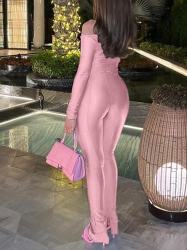 Women's Sexy 2 Piece Outfits V Neck Ruched Top Bodycon Flared Pant Set Y2k Streetwear Sweatsuit Pink L