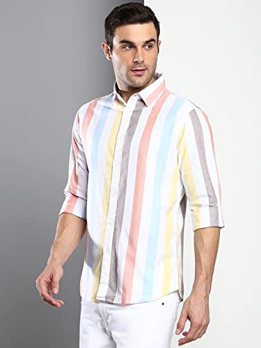 Image of Dennis Lingo Men's Striped Slim Fit Oxford Cotton Casual Shirt with Spread Collar & Full Sleeves