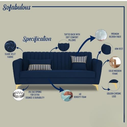 Image of MS Luxury FURNITRE Premium Luster 3-1-1 Sofa Set | Velvet Suede Fabric | 5 Colors and Golden Legs & Striped Pattern Cushion wit Centre tabule Free (Blue, 3 seatar)