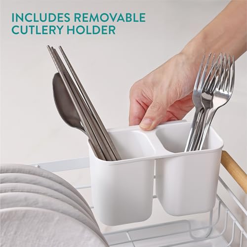 Navaris Dish Drainer Rack - Plate, Cutlery, Pots and Pans Drying Rack for Kitchen with Beechwood Handles - Modern Retro Design Drip Tray - White - Image 6
