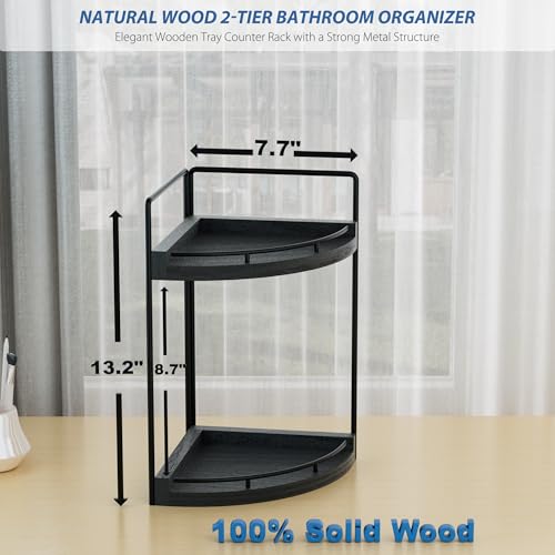 Image of Corner Bathroom Counter Organizer, 2 Tier Wood Vanity Storage, Waterproof Skincare Shelf for Kitchen & Toiletries Decor, Dresser (Black-2 Tier)