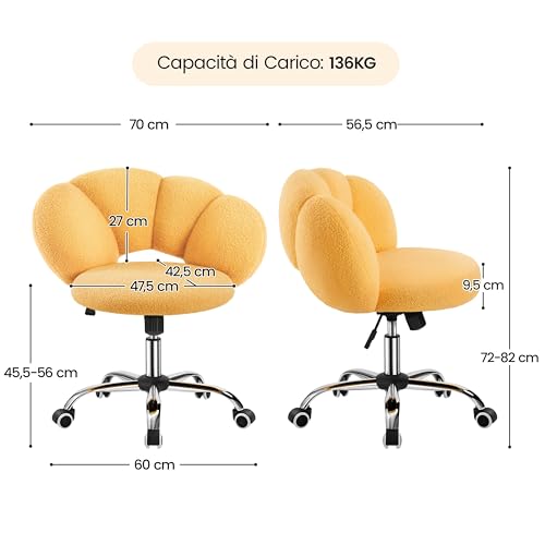 Sedia da Ufficio Scrivania Cameretta Imbottita Senza Braccioli Ergonomica con Ruote Girevole, Schienale Design a Nuvola in Tessuto Bouclé, Altezza Regolabile Giallo - Sedia gaming - Immagine 2