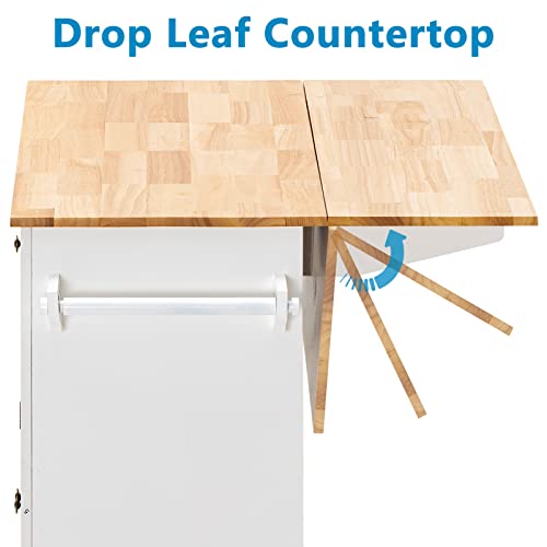 Rolling Kitchen Island with Drop Leaf – Movable Kitchen Carts on Wheels Island with Storage Cabinet, Island Table for Kitchen with Rubber Wood Top and Rack and Drawers, Matte, White