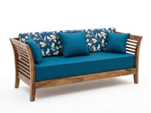 Image of Solid Sheesham Wood 3 Seater Sofa Set for Living Room | Wooden Couch with Cushions | Handcrafted Sheesham Wood Sofa | Home & Office Furniture | 3 Seater Sofa Set |