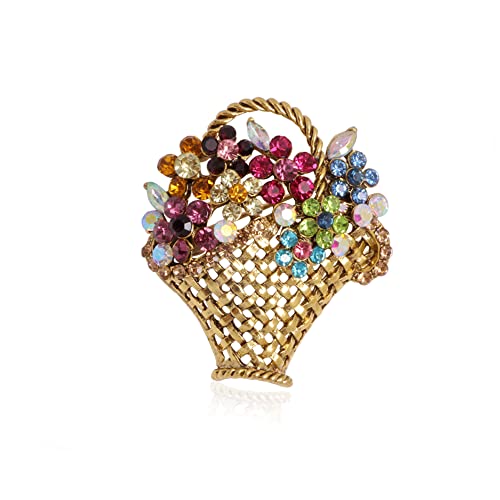 Image of SaiDian 1Pcs Flower Basket Brooch Colorful Rhinestone Flower Brooch Spring Floral Basket Basket Corsage Breastpins for Women Coat Suit Pin