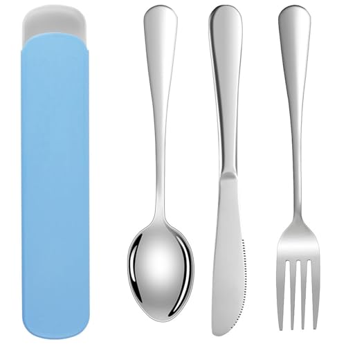 DOETYD 3 PCS Travel Cutlery Set Stainless Cutlery with Portable Case Reusable Spoon Fork and Knife for Camping Travel Picnic School Office Lunch (Blue)
