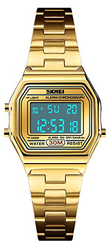 Digital Watch Womens Thin Gold Stainless Steel Watch Backlight Timer Waterproof Alarm Clock LED Sports Watch (Gold)