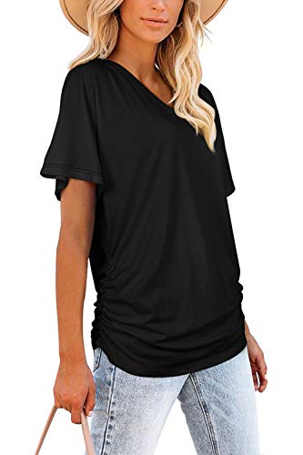 Image of WIHOLL Womens Summer T-Shirts Short Sleeve V Neck Dolman Tops with Side Shirring Loose Fit Shirts Spring Fashion