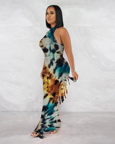 Image of 2 Piece Outfits for Women Sexy Halter Neck Sleeveless Crop Tops Ruched Bodycon Dresses Jumpsuits Fringe Skirt Sets