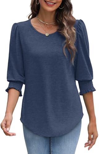 Image of XIEERDUO Blouses for Women Dressy Casual 3 /4 Length Sleeve Womens Tops with Smocked Cuffs