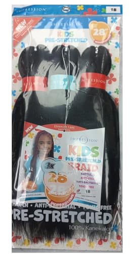 Impression Kids Pre-Stretched Braiding Hair, 28/14 inches Length, Knotless Style, Value Pack 3 in 1 / color 1B Black