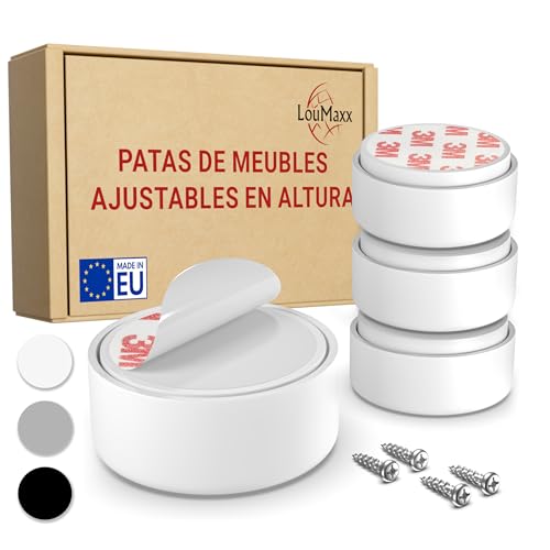 Loumaxx Patas Para Muebles Adhesivos Patas Ajustables Regulables En Altura 10mm Elevador Mueble Ø 55,5mm Plástico Set De 4 Patas Elevadoras Blanco Incl. Material De Montaje