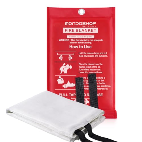 Mondoshop Fire Blanket for Kitchen, 1 x 1m TUV Certified Quick Unfolding with Loops Fiberglass Flame Retardant Large Fire Blankets Emergency Survival Safety Blanket for Home, Office, Caravan, 1Pack
