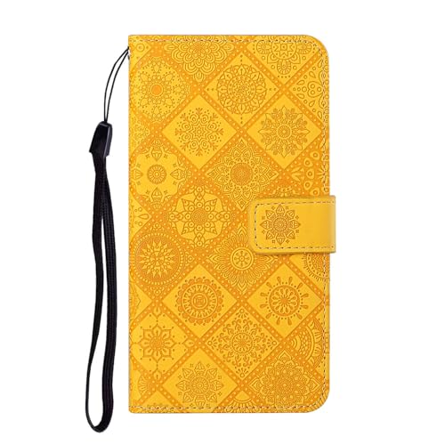 Étui Oppo A16 en cuir jaune à motif relief pour organiser vos sorties en ville