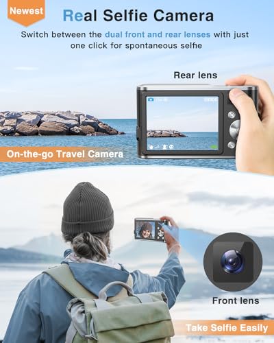 4K Digital Camera Autofocus Vlogging Camera Kids with Front Rear Lens, 32GB Card, 2 Batteries, 48MP 16X Digital Zoom Anti-Shake Time Stamp, Compact Travel Selfie Camera for Kid Teen Beginner(Black) - Image 3