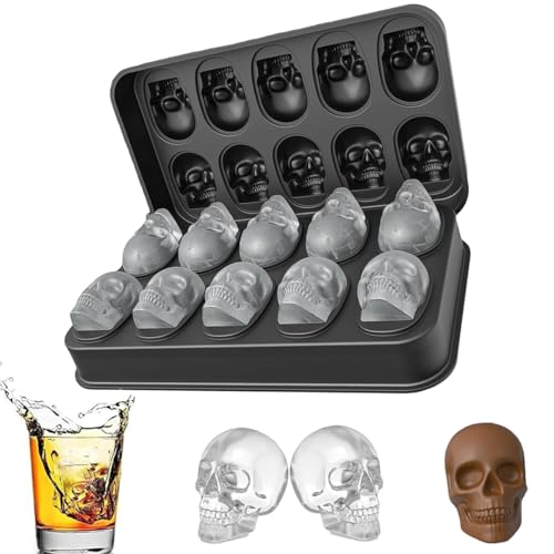 3D Skull Eiswürfelformen BPA Freie Silikon Eiswürfelform mit Deckel Totenkopf Eiswürfel Perfekt für Whiskey Cocktail Liköre Gin & Bierund Jedes Getränk (10 Gitter)