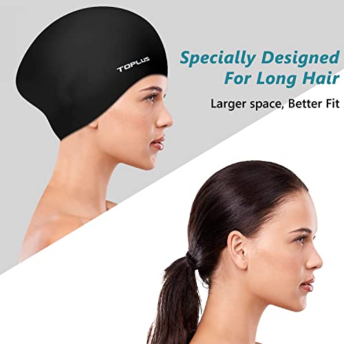 Swim Cap, Swimming Cap For Women 3D Ergonomic Design Silicone Swim Cap For Long Hair For Women Kids Men Adults Boys Girls Flexible And Durable With Ear Cover And Nose Clip - Black #TOP1