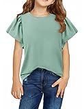 Yoklass Girls Ruffle Shirts Short Sleeve Tee Solid Summer Round Neck Cotton Blouse Tops Indigo 10-12