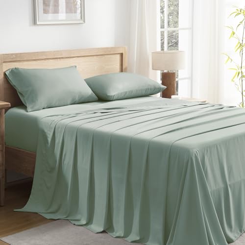 Image of Andency Sage Green Queen Sheets Set 100% Viscose Derived from Bamboo | Cooling Summer Sheets, Deep Pocket Up to 16 inch, Silky Soft Hotel Luxury Breathable Bedding Sheets & Pillowcases
