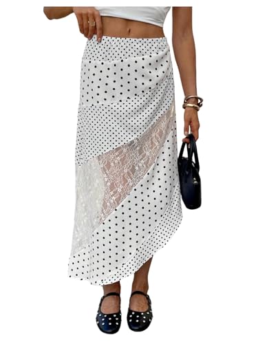 MakeMeChic Women's Fall Midi Skirts Boho Floral Lace Polka Dots Asymmetrical Ruffle Skirt
