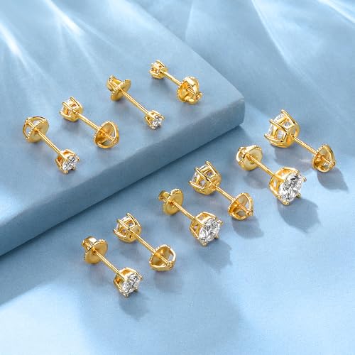 MDFUN Screw Back Stud Earrings Set for Women/Men,5 Pairs 18K Gold Plated Round Clear Cubic Zirconia Hypoallergenic Ear Pack Jewelry Gift4