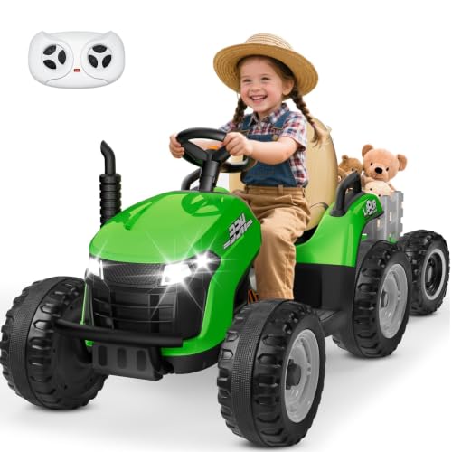 Image of ANPABO 24V Ride On Tractor for Kids w /Detachable Trailer, EVA Tires, Green