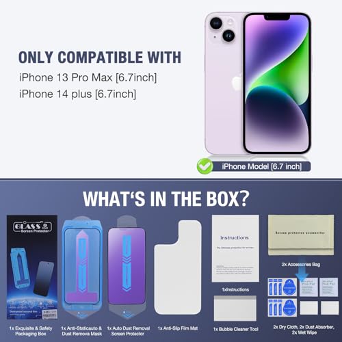 Image of 2-Pack Anti Blue Light Matte Screen Protector for iPhone 13 Pro Max and iPhone 14 Plus 6.7-Inch 9H Tempered Glass, Full Coverage, Anti-Fingerprint, Auto Dust-Elimination, No Bubble, Easy Installation