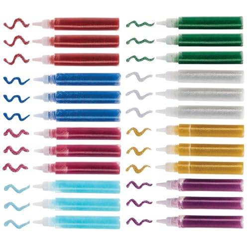 Baker Ross AR874 Glitter Glue Pens - Pack of 24 Pens 10ml Each Assorted Colours Craft Decorating Card Making