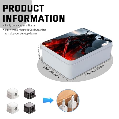 Image of Metal Tin Box with Lid,Multi-functional Storage Box Can Store Tea Biscuits Game Cards, Playing & Tarot Cards-Comes with 4 Magnetic Cord Clips,Dark Warrior with Red Sword
