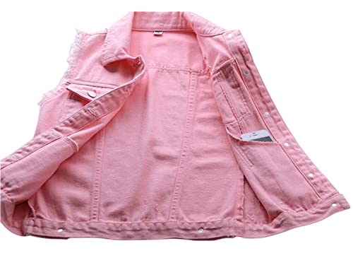 Jiangwu Womens Crop Denim Vest Jacket Sleeveless Button Down Ripped Casual Waistcoat Jacket(Pink,Large) #TOP2