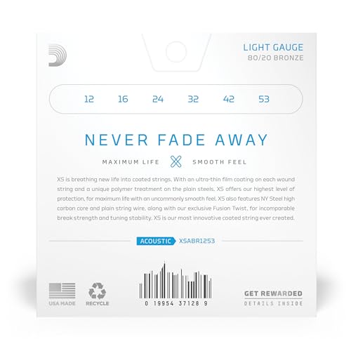 d39addario acoustic guitar strings xs 8020 bronze coated xsabr1253 light gauge 12-53 6-string set pack of 1