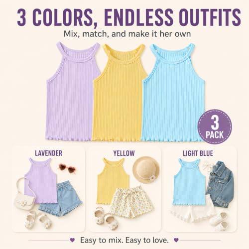 Image of ROMPERINBOX Toddler Tank Tops Girls 3 Pack Ribbed Knit Multipacks Halter Top Camisoles Undershirt