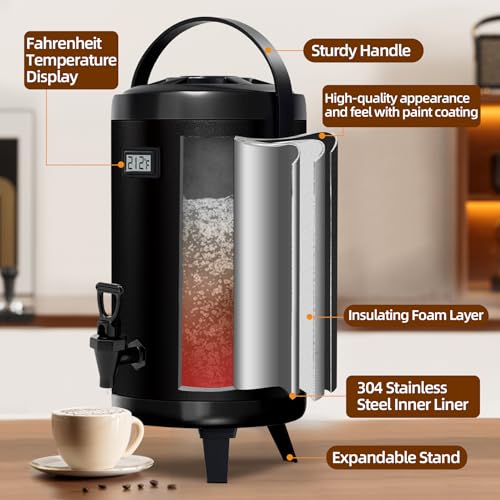 Finopro Insulated Beverage Dispenser - Thermal Hot and Cold Tea Dispenser - Stainless Steel 12L/3.2Gal with Spigot for Hot Coffee & Tea, Cold Milk & Juice - Black