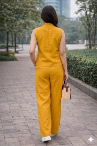 Image of Lyssa Yellow Ember Embroidered Co-Ord Set for Women, Sleeveless Vest with Wide-Leg Trousers