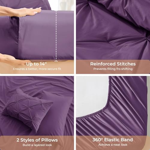 Image of Sasttie King Size Comforter Set, 7-Piece Bed in a Bag, Pintuck Bedding Set for All Season, Includes Comforter, Flat Sheet, Fitted Sheet, Pillowcases and Pillowshams, Grape Purple