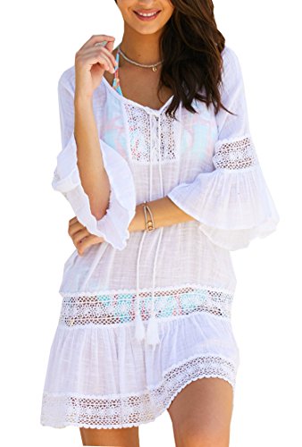 Wander Agio Womens Loose Cover up Beach Swimsuit Beach Bikini Coverups OneSize Lace White