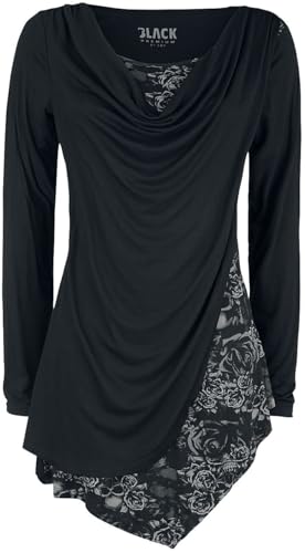 Black Premium by EMP Damen Schwarzes Langarmshirt mit Wasserfallausschnitt und Print M