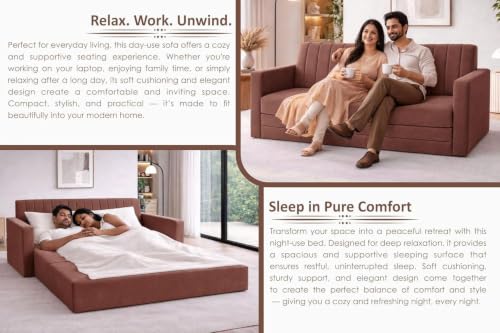 Image of Rosebell Foldable 3-Seater Sofa-Cum-Bed | 3-in-One Convertible Couch with Armrest | Modern Fabric Sofa for Living Room, & Office-Brown