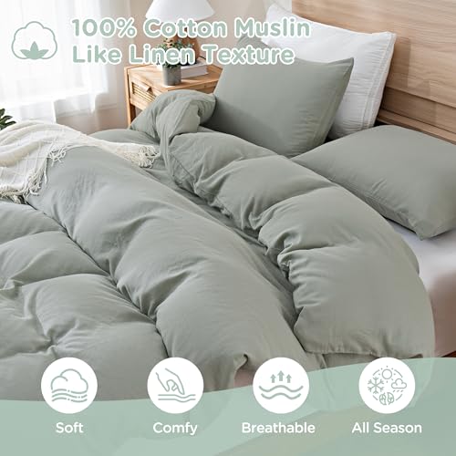 Image of TOCOMOA Muslin Duvet Cover 100% Cotton Like Linen Texture Breathable Soft Comfy 3-Piece Sage Green Comforter Cover Bedding Set (Queen 90 inchx90 inch, Comforter Not Included)