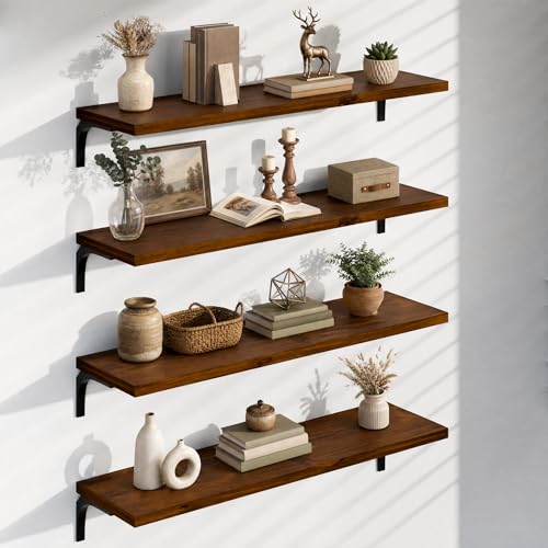 Image of 12 Inch Deep Floating Shelves Set of 4, 48 Inch Extra Wide Walnut Solid Wood Wall Shelves, 4ft Heavy Duty Farmhouse Wall Mounted Shelving for Kitchen, Living Room & Bedroom