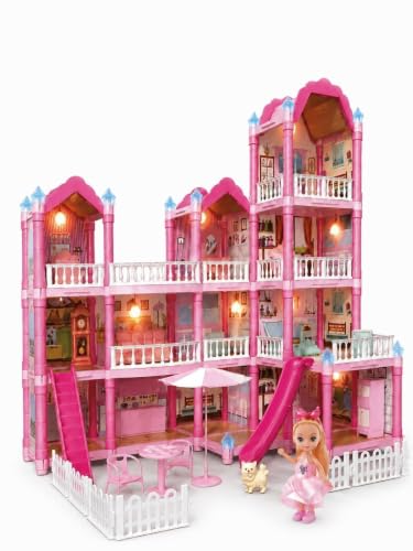 Image of Large Pink Princess Dollhouse for Girls, 3-Storey Doll House Playset with Furniture, Slides, Stairs, Swing, Balcony, Kitchen & Bedroom Accessories, Pretend Play Toy for Kids Ages 3+