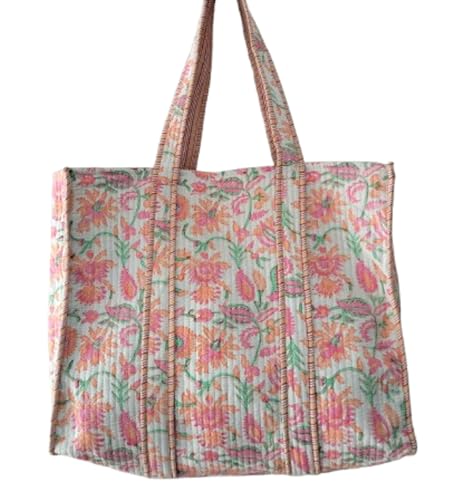 Cotton Quilted Tote Bag Hand Block Printed Floral Print Shopping Shoulder Handbag Travel Market Daily Grocery Beach Bag2