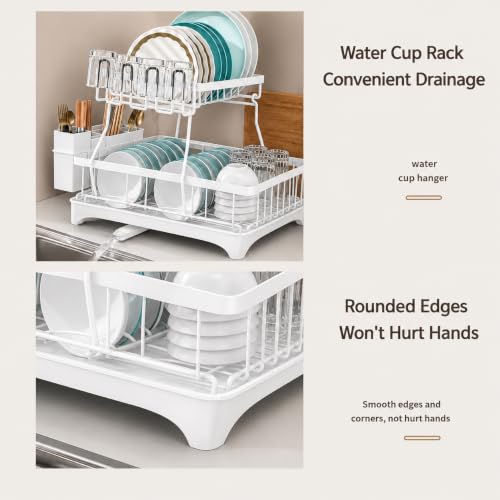 Image of HomeCloud 2-Tier Kitchen Dish Drying Rack & Drainer | Large Capacity Dish Stand with 360 Flexible Drainage System, Removable Drip Tray, Cutlery Holder & Cup Organizer for Countertop (White)