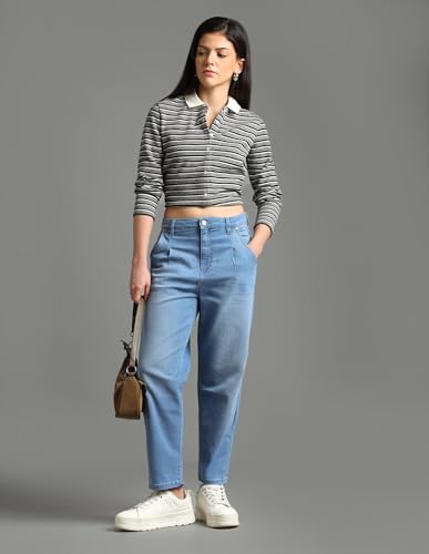 Image of Flying Machine Women's Mom Fit Jeans| Solid | High Rise | Stretchable | Jeans for Woman