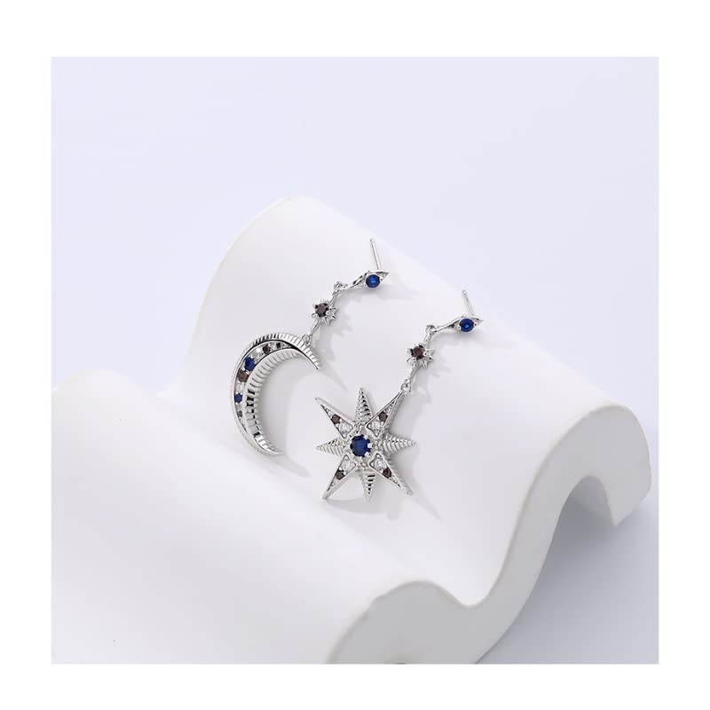 925 Sterling Silver Asymmetric Stud Earrings Colorful Zircon Star Moon Drop Earrings2