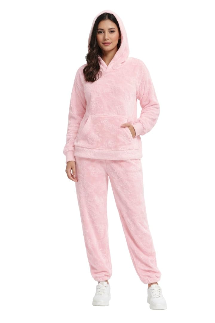 camey Women's Fleece Hooded Loungewear Set, Embossed Pattern, Long Sleeve with Kangaroo Pocket-picture-19