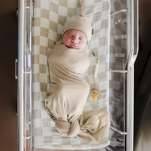 Image of GRSSDER Newborn Swaddle Blanket, Ultra Soft Jersey Receiving Blanket with Matching Headband and Beanie Set 33x44 inch, Stretchy Baby Neutral Swaddle Wrap for Girls and Boys