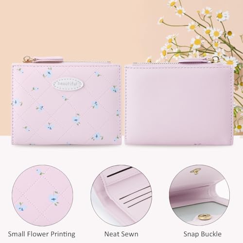 Small Wallet Cute Coquette Floral Print Wallet with Zipper Coin Purse ID Credit Card Holder for Women (PINK)3