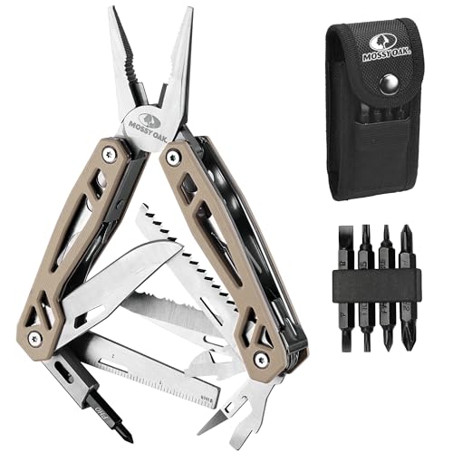 MOSSY OAK Multitool, 22-in-1 Stainless Steel Pliers with Screwdriver Sleeve, Desert Steel Handle, Self-locking Knife with Sheath-Perfect for Outdoor, Survival, Camping, Hiking, Simple Repair